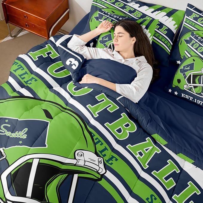 Erosebridal King Size Sports City Bedding Sets, Gridiron Seasonal Comforter Rugby Sports Decor Comforter + Flat Sheet + Fitted Sheet + 2 Pillowcases + 2 Throw Pillow Covers