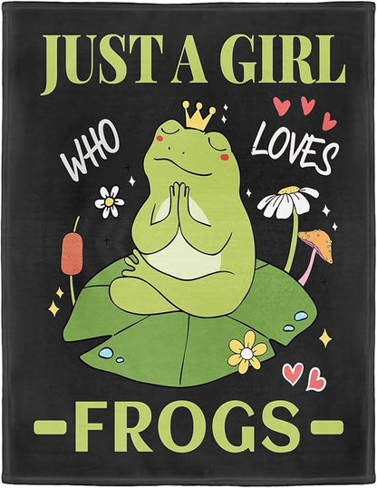 Frog Lover Blanket, Just A Girl Who Loves Frogs Blanket, Soft Warm Cozy Fleece Throw, Gifts for Girls Women Kids, 40"x50", Black