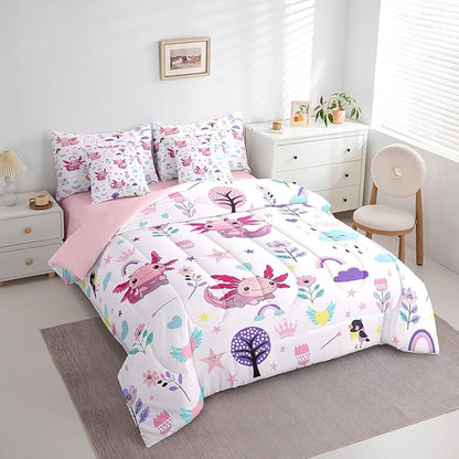 Erosebridal Comforters Twin Size Set with Sheets for Kids Floral Axolotl Bedding,7 Pieces Bed in a Bag Twin Cartoon Animal Bedding Sets with Comforter, Sheets, Pillowcases and Cushion Cases