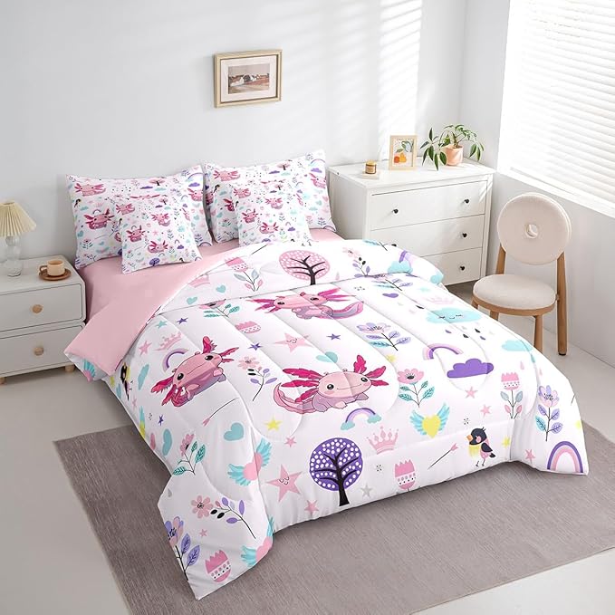 Erosebridal Comforters Full Size Set with Sheets for Kids Floral Axolotl Bedding,7 Pieces Bed in a Bag Full Cartoon Animal Bedding Sets with Comforter, Sheets, Pillowcases and Cushion Cases