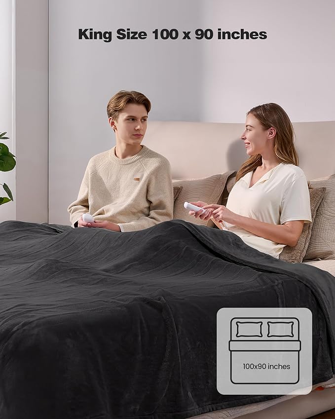 Electric Blanket King with Dual Control-100x90 Soft Double-Sided Flannel Heating Blanket, 9 Heat Levels & 10 Hours Timer Heated Throw, Machine Washable, Gift for Mom Dad - Black
