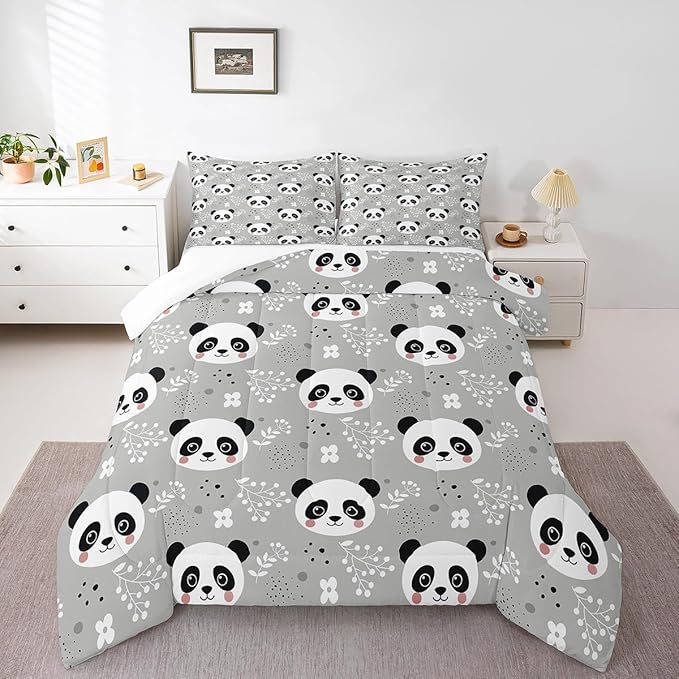 Kawaii Panda Comforter Set Queen Size Cartoon Animal Bedding Set Bedroom Decor Watercolor Leaves Botanical Quilt Set for Kids Boys Girls Cute Pandas Duvet Insert 3Pcs