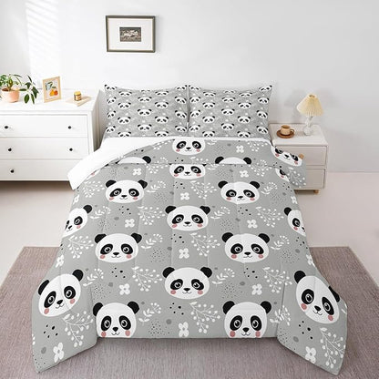 Kawaii Panda Comforter Set Queen Size Cartoon Animal Bedding Set Bedroom Decor Watercolor Leaves Botanical Quilt Set for Kids Boys Girls Cute Pandas Duvet Insert 3Pcs