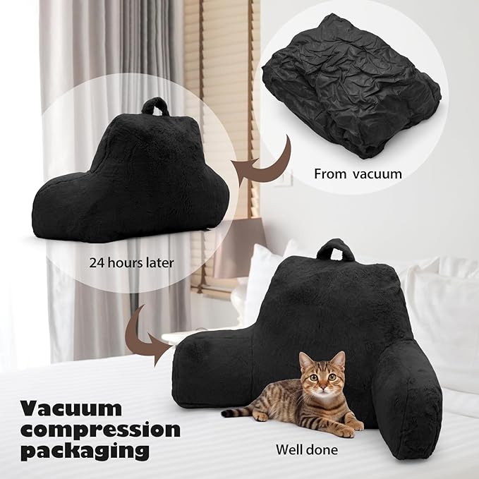 Reading Pillow for Sitting in Bed Adult, Standard Reading Pillow with Memory Foam, Back Pillow for Bed Sitting Up with Extend Arms, Black