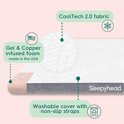 Sleepyhead Twin XL 2 Inch Premium Super Mattress Topper – 2 Inch Gel & Copper Infused Memory Foam Bed Topper – Cooling, Soft Support + Comfort, Foam Made in USA, CertiPUR-US Certified (XL Twin 2")