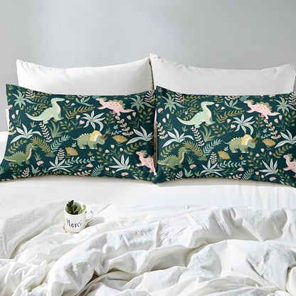 Castle Fairy Cute Dinosaur Duvet Cover Queen Size,Kids Cartoon Dino Kawaii Animal Duvet Cover Set for Children Adult,Green Pink Leaves Plant Botanical Soft Comforter Cover for Dorm Room, Zipper, Ties