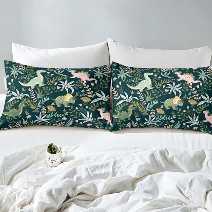 Castle Fairy Cute Dinosaur Duvet Cover Set Full Size,Kids Cartoon Dino Kawaii Animal Comforter Cover with 2 Pillowcases,Green Pink Leaves Plant Botanical Breathable Bedspread for Boys Teens