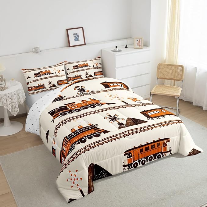 Erosebridal Retro Vintage Train Comforter Set, Cute Steam Engine Bedding Retro Steam Locomotive Train Bedding Set Cartoon Vehicle Duvet Set for Bedroom Decor, Full with 2 Pillowcases