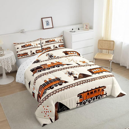 Erosebridal Retro Vintage Train Comforter Set, Cute Steam Engine Bedding Retro Steam Locomotive Train Bedding Set Cartoon Vehicle Duvet Set for Bedroom Decor, King with 2 Pillowcases