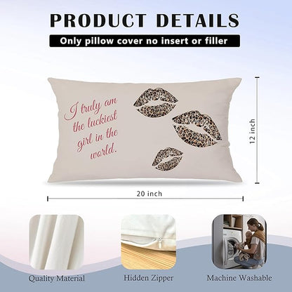 Coquette Leopard Bow Lips Pillow Covers 12x20 Set of 2, Leopard Room Decor, Trendy Preppy Cheetah Print Bows Lips Decorative Lumbar Pillow Covers for Girls Bedroom Dorm Apartment