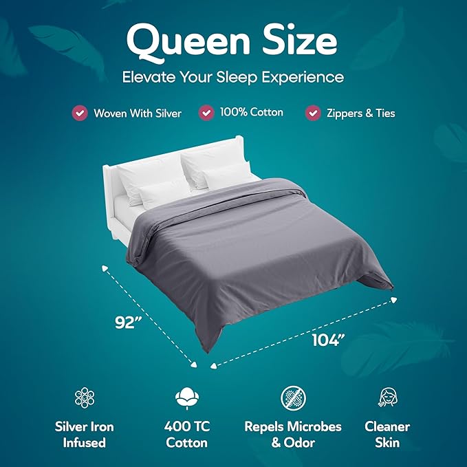 Sleepgram Supima Machine Washable 400 Thread Count Cotton Silver Ion Infused Luxury Zippered Duvet Cover with Travel Bag, Queen, Grey Stone