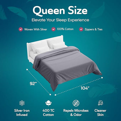 Sleepgram Supima Machine Washable 400 Thread Count Cotton Silver Ion Infused Luxury Zippered Duvet Cover with Travel Bag, Queen, Grey Stone