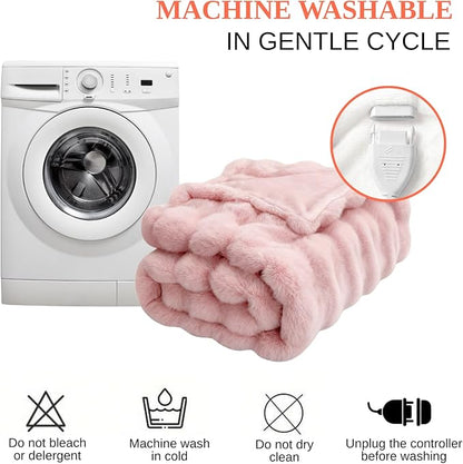 Electric Heated Blanket Throw 50"x60" Pink Ultra Soft Luxury Fluffy Faux Rabbit Fur Machine Washable 6 Heat Settings 4 Hours Auto Off Overheat Protection for Home Office Use