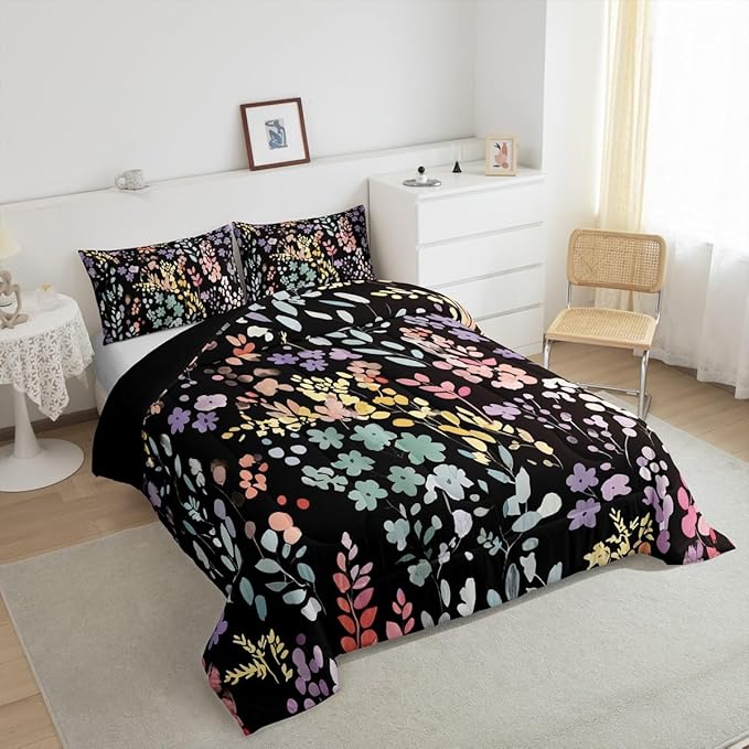 Erosebridal Colorful Floral King Bedding Set for Girls Boys Kids,Cute Boho Flower Comforter Set Rustic Home Decor,Funky Watercolor Wildflower Quilt Bed Set Bohemian Flowers Bed Comforter Set 3Pcs