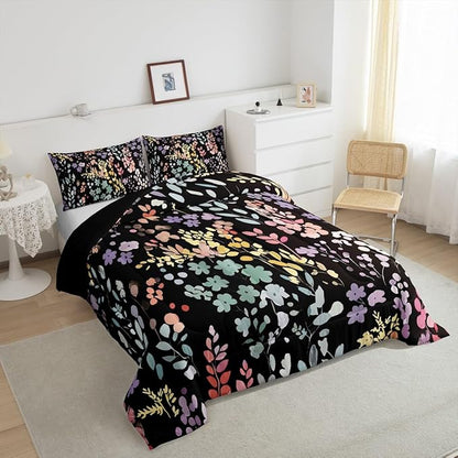 Erosebridal Colorful Floral Full Bedding Set for Girls Boys Kids,Cute Boho Flower Comforter Set Rustic Home Decor,Funky Watercolor Wildflower Quilt Bed Set Bohemian Flowers Bed Comforter Set 3Pcs