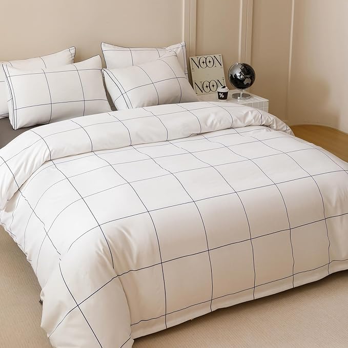 Wellboo White Plaid Comforter Sets Full Blue White Grid Checkered Bedding Comforters for Women Men White and Navy Blue Buffalo Check Grid Quilts Soft Warm Modern Preppy Geometric Gingham Bedding