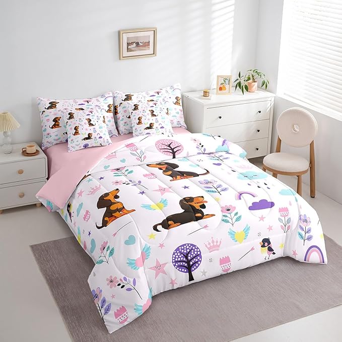 Erosebridal 7Pcs Floral Dachshund Kids Bedding Set for Boys,Full Size Comforter Set with Sheets and Pillowcase,7Pcs Bed in a Bag,Cartoon Animal Children Bed Set, Cute Flower Comforter