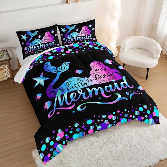 Mermaid Full Comforter Set,Gradient Color Mermaid Starfish Pattern Bedding Set for Kids Girls Princess Room Decor,Ocean Animal Themed Bedding Comforter Set with 2 Pillowcases.