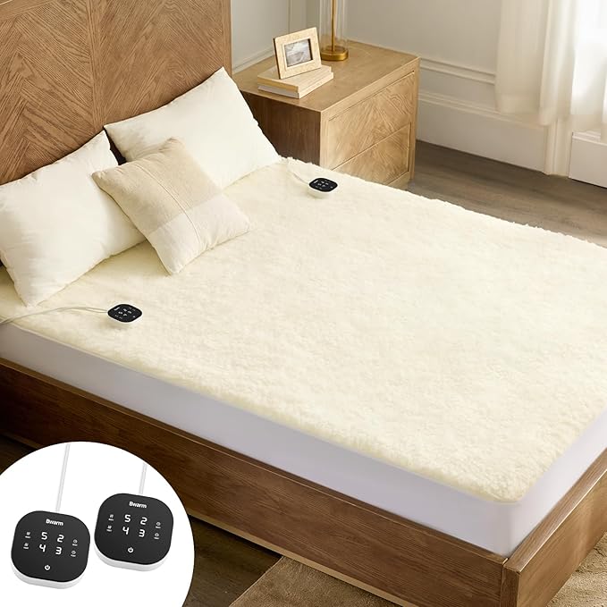 Bwarm Multi-Zone Heated Mattress Pad King Wool Electic Mattress Pad, Touchscreen Bed Warmer with 9 Heat Settings, 1-12 Hours Auto Off Memory Deep Pocket,Machine Wash White King 78" x 80"