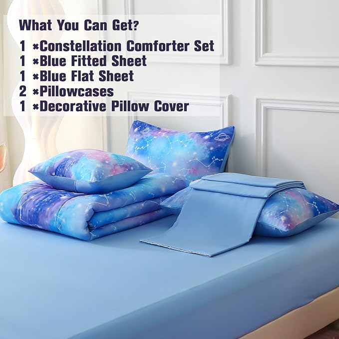 Galaxy Constellation Print Comforter Set Full Size Girls Gradient Bedding Set,6 Piece Bed in a Bag with Sheet Bedding Gift for Kids(Blue)