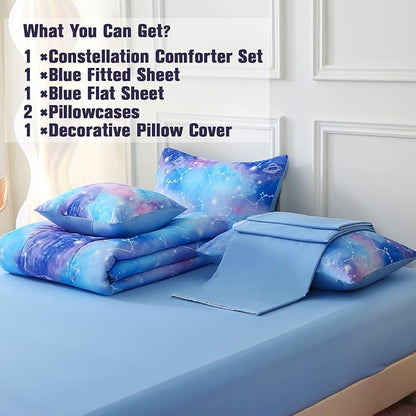 Galaxy Constellation Print Comforter Set Twin Size Girls Gradient Bedding Set,6 Piece Bed in a Bag with Sheet Bedding Gift for Kids(Blue)