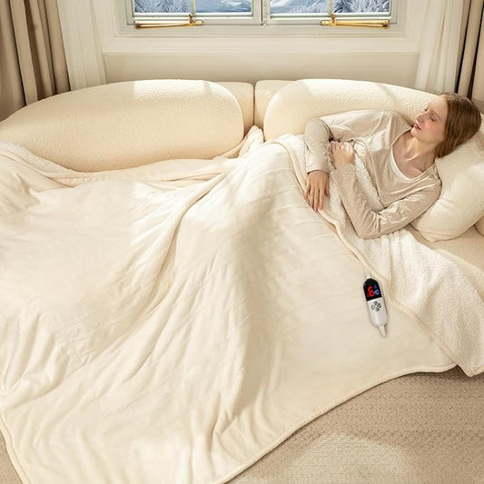 Electric Blanket Full Size 72" X 84" - Flannel Sherpa Heated Blanket with Fast Heating, 6 Heat Settings, 1-10 Hrs Timer Settings, ETL Certified Heating Blanket, Washable, White