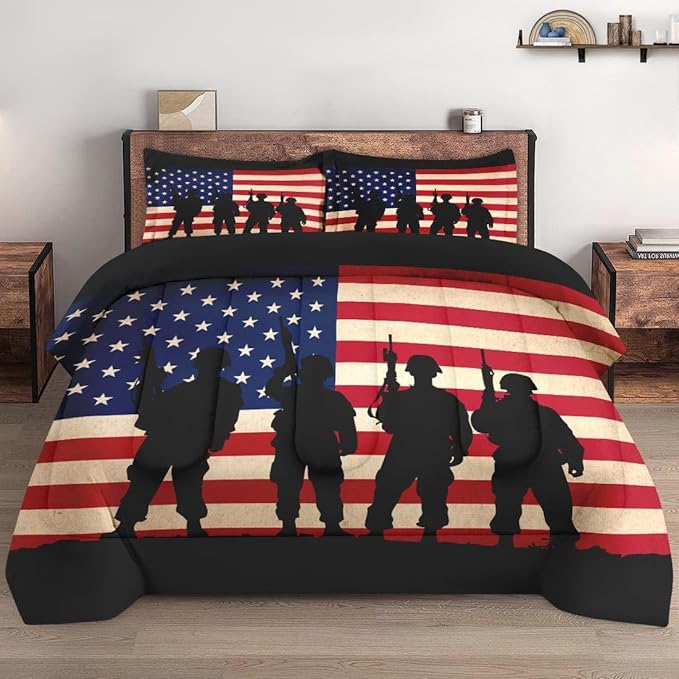 King Size Comforter Set with 2 Pillowcase, Vintage Military Retro Soft 3 Pcs Bedding for Kids and Adults, Patriotic Army Memorial Comforter Set for Room Bedroom Bed Decor