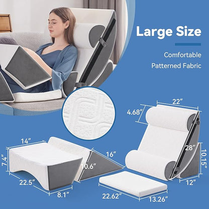 Wedge Pillow Set for After Surgery, 7 PCS Bed Wedge Pillow for Sleeping, Memory Foam Orthopedic Back Pillow for Pain Relief and Acid Reflux, Adjustable Post Surgery Pillow Grey
