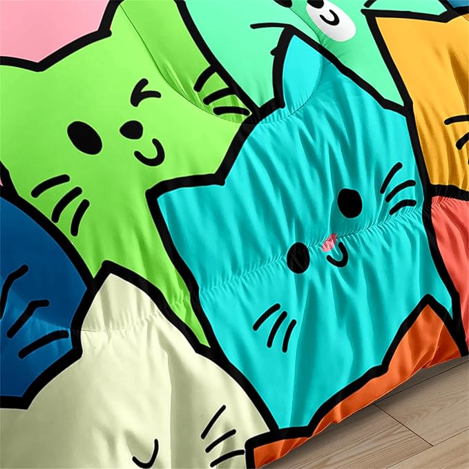 Cat Bedding Set Full Size - 3 Piece Cartoon Cat Comforter Set for Girls Boys Kids Bedroom Colorful Animals Print Home Bedding Decor for All Season Soft Warm 1 Cat Quilt Cover with 2 Pillowcases