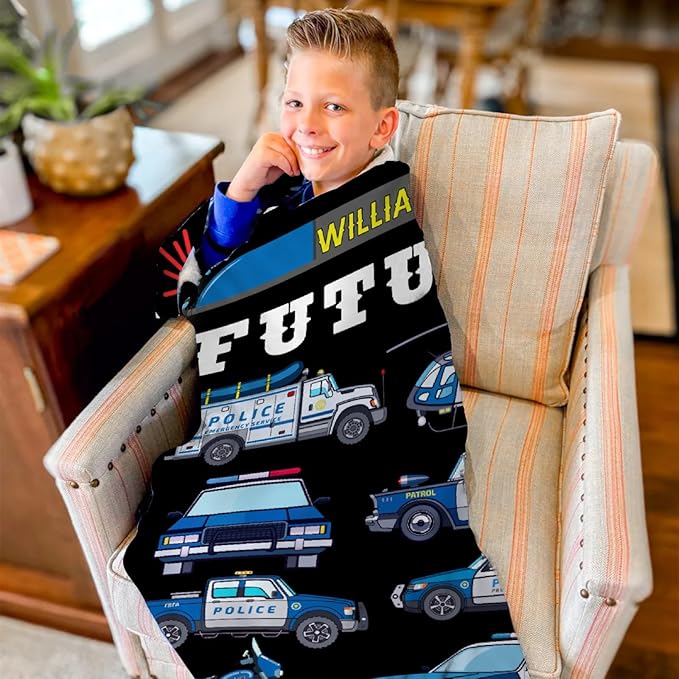 Custom Police Car Blanket for Boys Kids Police Car Lovers Soft Plush Warm Cartoon Car Blanket for Couch Bed Sofa Decor Birthday Custom Police Blanket Police Gifts 60''x 80''