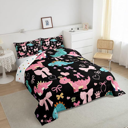 Cute Dino Full Size Comforter Set,Kawaii Bowknot Heart Princess Style Reversible Bedding Set Bedroom Collection,Pink Black Dinosaur Cartoon Animal Soft Quilted Duvet for Girls Teens