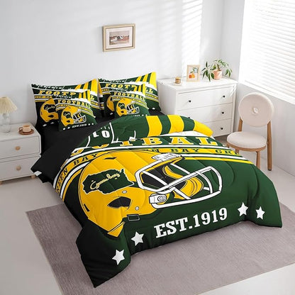 Erosebridal Football Seasonal Queen Bedding Sets for Boys Girls Adults Football Illustration Comforter + Flat Sheet + Fitted Sheet + 2 Pillowcases + 2 Throw Pillow Covers