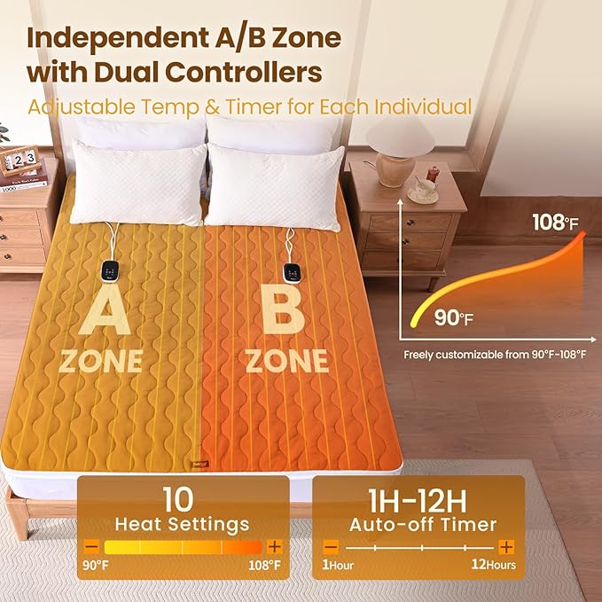 Bearhug King Heated Mattress Pad, Dual Control Bed Warmer with 10 Heat Level, Auto Shut Off Timer, Zipper Electric Mattress Pad with Deep Pocket Up to 18", ETL Certified, Machine Wash 78" x 80", Brown