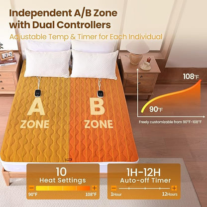 Bearhug King Heated Mattress Pad, Dual Control Bed Warmer with 10 Heat Level, Auto Shut Off Timer, Zipper Electric Mattress Pad with Deep Pocket Up to 18", ETL Certified, Machine Wash 78" x 80", Brown