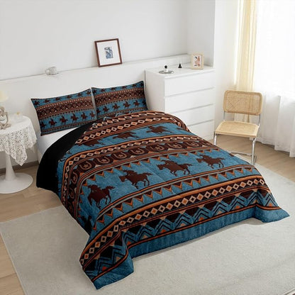 Feelyou Western Decor Comforter Set Twin Size Southwestern Native Aztec Comforter Horse Bedding Set Retro Exotic Boho Duvet Set Room Decor Dark Blue Quilt Set