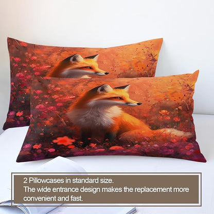 Red Fox Duvet Cover Oversized King Beautiful Wild Fox Bedding Set 3 Piece Bedroom Decor Fantasy Decorative Comforter Cover with Zipper Ties & 2 Pillowcases