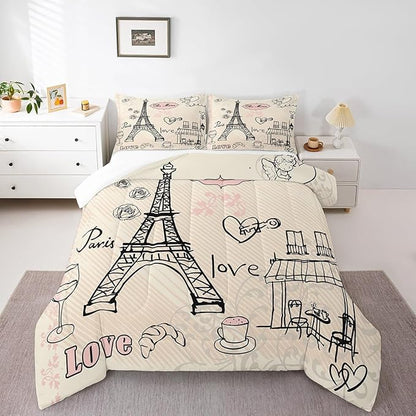 Feelyou Eiffel Tower Comforter Set Paris Tower Comforter for Girls Romantic Rose Chic Paris Theme Bedding Set Paris Cityscape Printed Heart Love Duvet Set Room Decor Quilt Set Full