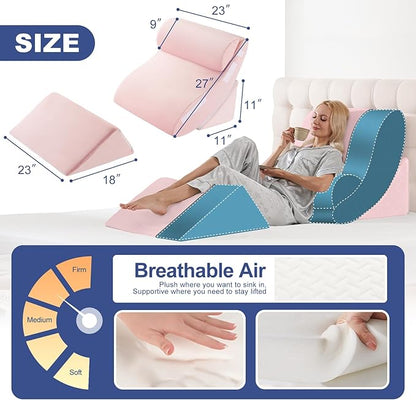 4PCS Orthopedic Bed Wedge Pillow Set for Post Surgery Recovery - Adjustable Memory Foam Support Pillows for Back/Leg/Shoulder Pain Relief, Acid Reflux & Anti Snoring Sleeping System, Pink
