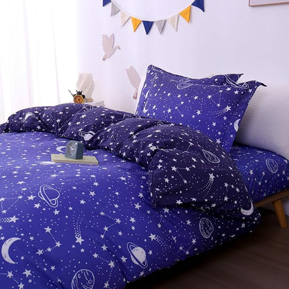 JSD Blue Stars Kids Duvet Cover Set Twin Size, 2 Piece Boys Space Theme Microfiber Comforter Cover with Pillow Sham Zipper Closure, Comforter Not Included