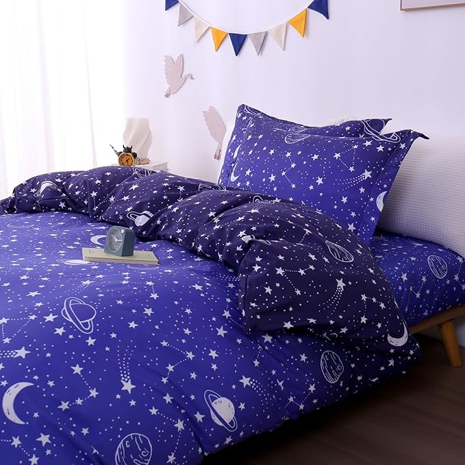 JSD Blue Stars Kids Duvet Cover Set Queen Size, 3 Piece Boys Space Theme Microfiber Comforter Cover with Pillow Shams Zipper Closure, Comforter Not Included