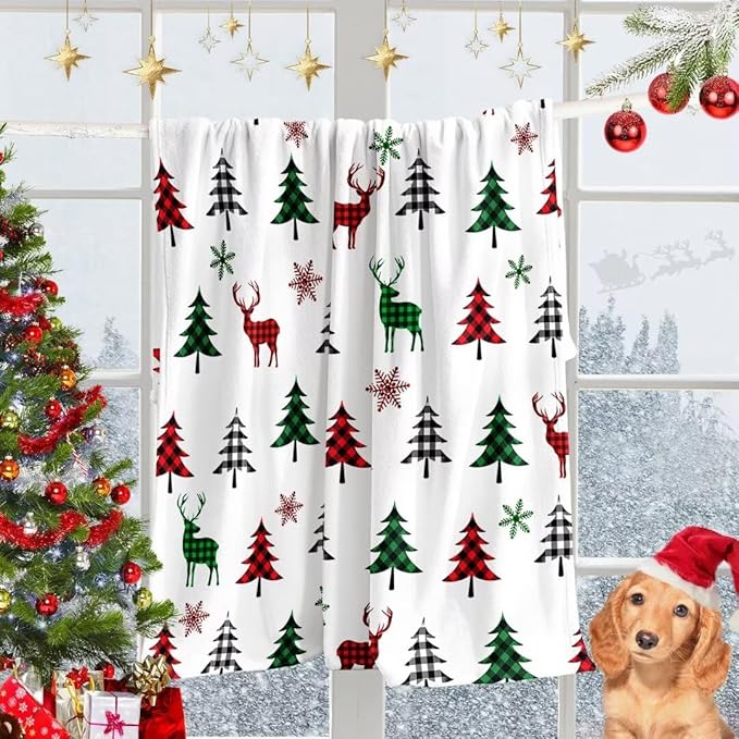 Christmas Tree Deer Flannel Throw Blanket Soft Plush for Couch Sofa Bed Christmas Home Decor 50x60