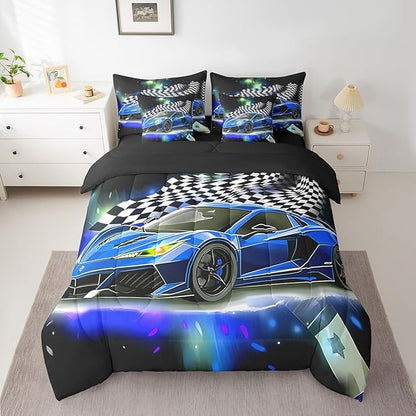 Feelyou Blue Racing Car 7 Piece Bedding Set Full Size Extreme Sport Comforter Set with Sheets for Kids Boys Girls Teens Toddler Fast and Furious Bed in a Bag Black White Flag Bed Set