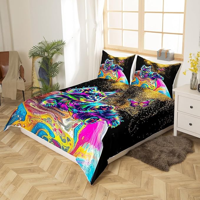 Castle Fairy Tie Dye Planet Print Comforter Cover Full Size, Rainbow Cats and Butterfly Animal Duvet Cover Set for Boys Teens Present, Golden Glitter Sequin Watercolor Quilt Cover with 2 Pillowcases