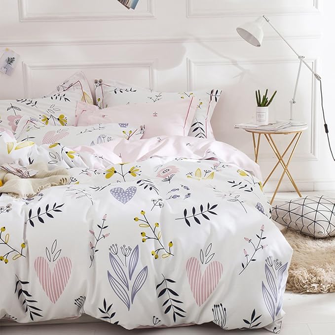 BuLuTu Floral Love Print Girls Duvet Cover Full White/Pink Cotton Premium Blossom Kawaii Reversible Kids Bedroom Comforter Cover Queen Duvet Cover for Toddler,Teen,Lightweight,Zipper Closure
