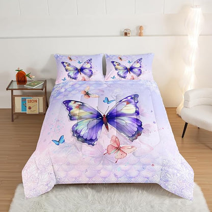 HOSIMA Butterfly Queen Comforter Set with 2 Pillowcases,Mandala Butterfly Bedding Sets for Girls Teen Women Room Decor,Purple Butterfly Comforter for Queen Size Bed,College Dorm Essentials for Girls.