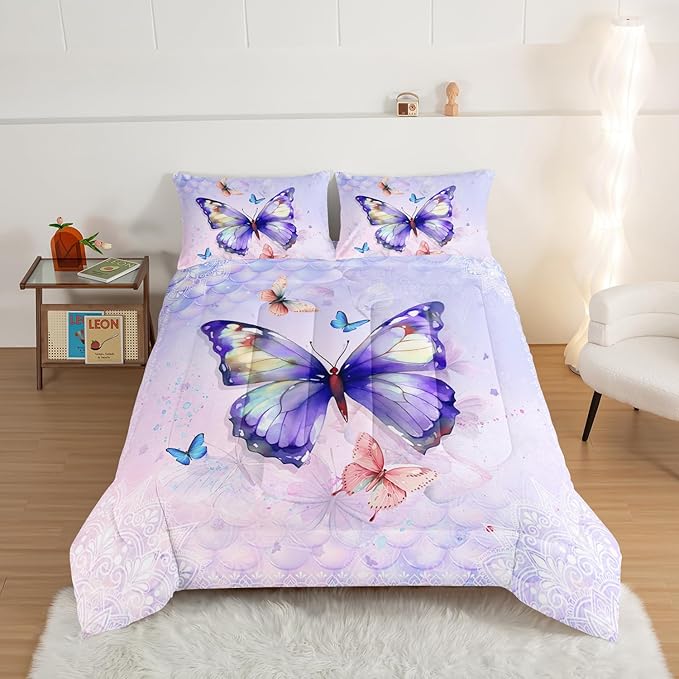 HOSIMA Butterfly King Size Comforter Set with 2 Pillowcases, Mandala Butterfly Bedding Sets for Girls Teen Women Room Decor, Purple Comforter College Dorm Essentials