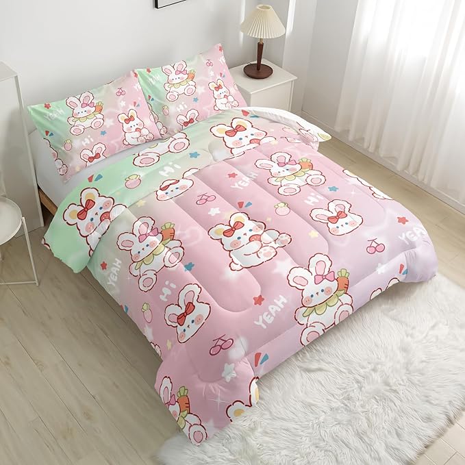 CVHOUSE Kawaii Rabbit Comforter Set Twin Size, Cartoon Pink Bedding for Kids, Cute Quilt Set With Strawberry Duvet, Bedroom Decor 3 Pieces