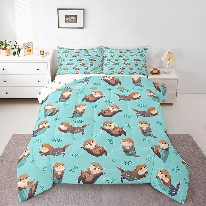 Otter Kids Comforter Set,Cute Cartoon Wild Animals Bedding Sets for Boys Girls Teens,Green Plants Water Bubbles Graffiti Quilted Comforter with 2 Pillowcases King Size 3 Pcs