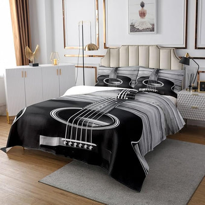 Erosebridal Guitar Bedding Set Music Bedspread, Vintage Guitar on Wooden Floor Design Quilt for Kids Adult, Bedroom Decor (1 Bedspread and 2 Pillowcases) King, Soft Bedclothes, Black Grey