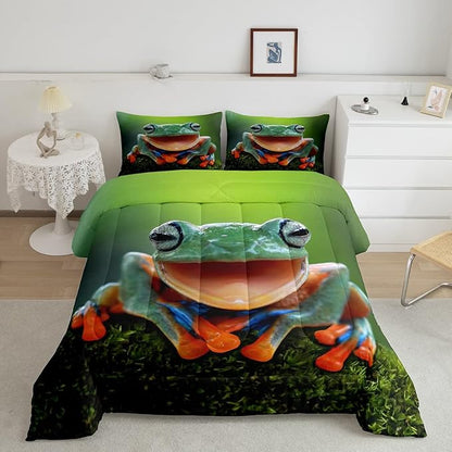 Feelyou Frog Bedding Set Tropical Amphibian Comforter Set for Kids Boys Girls 3D Animal Theme Comforter Tropical Nature Theme Decor Quilt Set Bedroom Collection 3Pcs Full Size